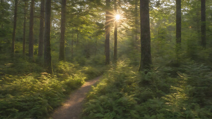 Fototapeta premium Sunlit in a forest before sunset end of summer