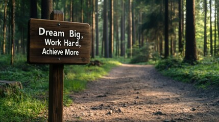 A sign in the woods that says "dream big, work hard, achieve more."