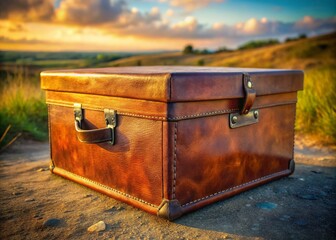 Rustic Leather Shoe Box with Handles, Lid Ajar - Candid Stock Photo