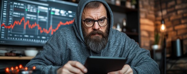 A focused Entrepreneur reviewing a weekly planner displayed on a tablet, surrounded by financial reports analyzing market trends and investment strategies The entrepreneur's concentrated mindset is