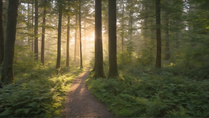 Sunlit in a forest before sunset end of summer
