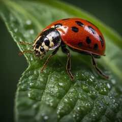 Fototapeta premium A vibrant ladybug rests delicately on a green leaf, showcasing its distinctive red shell adorned with black spots. Macro Shot of Ladybug on Leaf