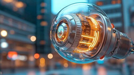 Futuristic light bulb design urban setting technology concept cityscape close-up view innovative illumination concept for urban environments