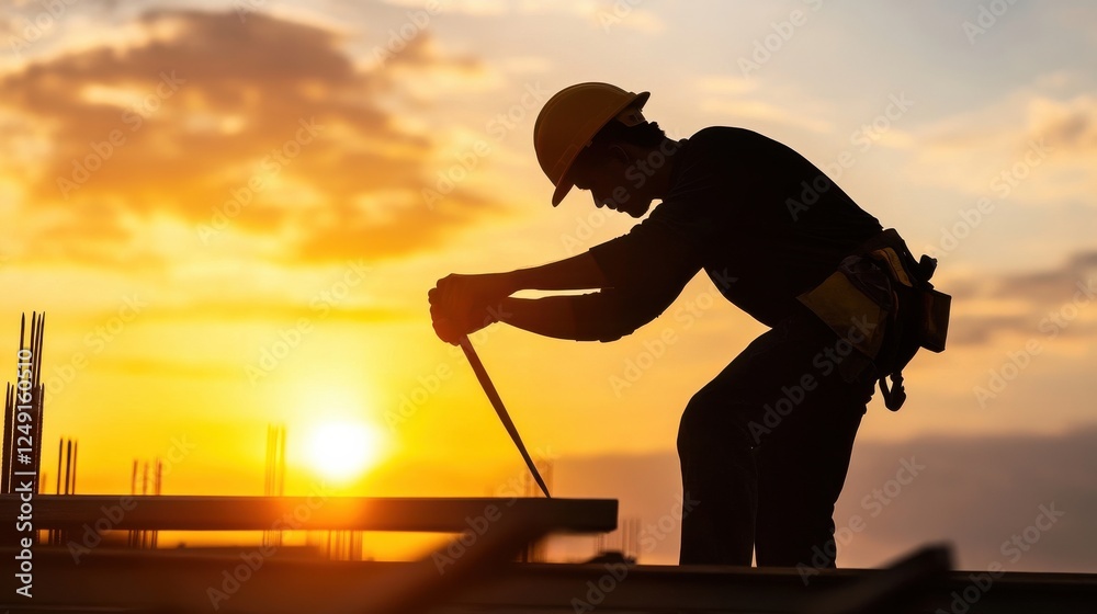 Poster a man in a hard hat is working on a construction site