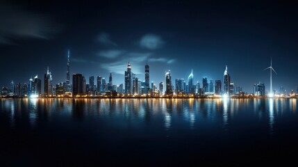 Obraz premium A city skyline is lit up at night, with the lights reflecting off the water