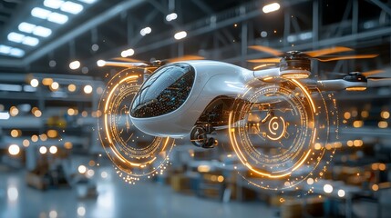 Innovative drone technology in an industrial warehouse setting futuristic design high-tech environment aerial perspective enhancement of logistics operations