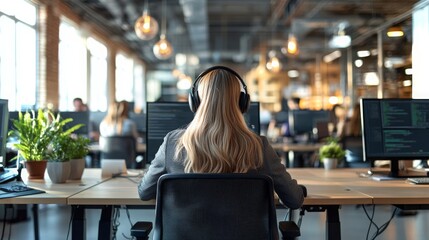 Fototapeta premium Work environment with a focus on a woman in headphones at a modern office desk