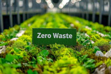 In a greenhouse filled with vibrant green plants, a prominently displayed sign reads Zero Waste, highlighting sustainable farming methods.