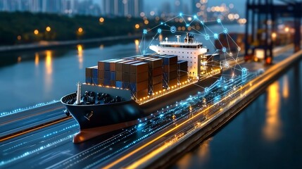 Global shipping innovations container ship navigating smart ports maritime industry urban harbor aerial perspective digital transformation