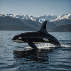 Obraz premium A graceful orca whale in mid-jump against a clear backdrop. Dolphin in the seakiller wale in a clean water An orca breaches the surface of a serene ocean with mountains in the background.