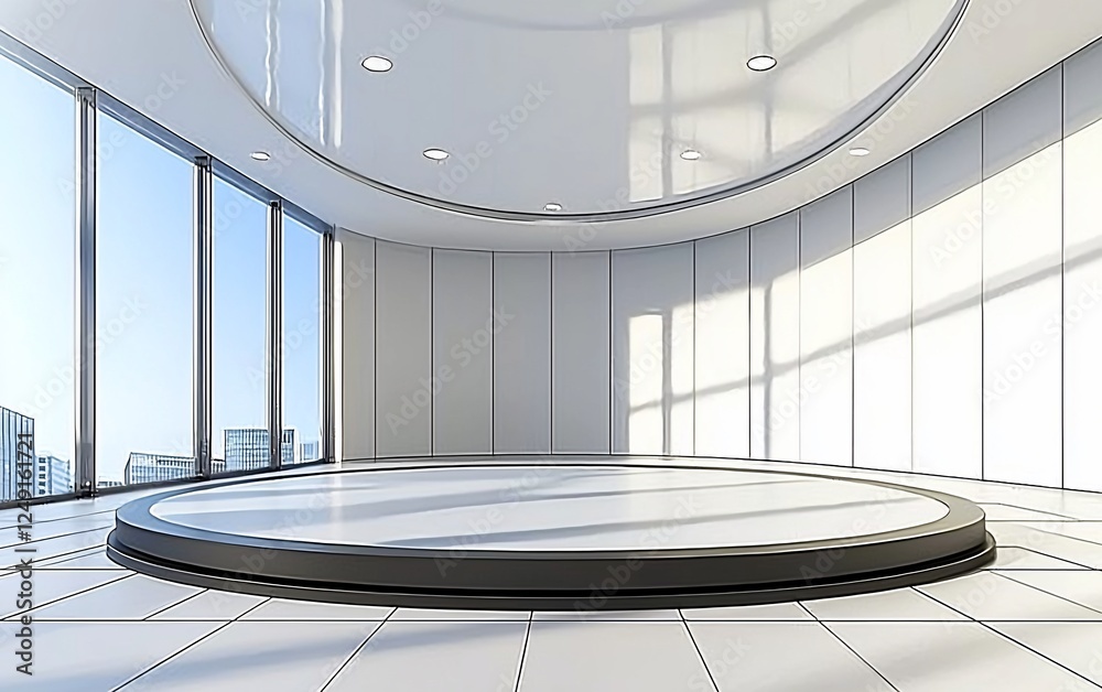 Aufkleber Modern empty round stage in office building with city view. Possible use stock photo