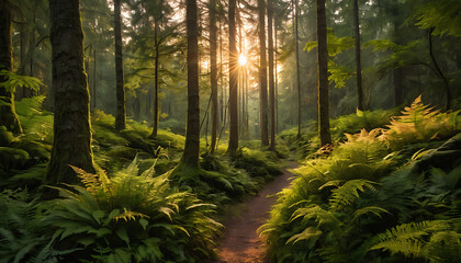 Fototapeta premium Sunlit in a forest before sunset end of summer