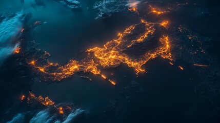 Obraz premium Spectacular nighttime eruption event capturing japan’s volcanoes dramatic aerial view stunning natural landscape fiery lava flow