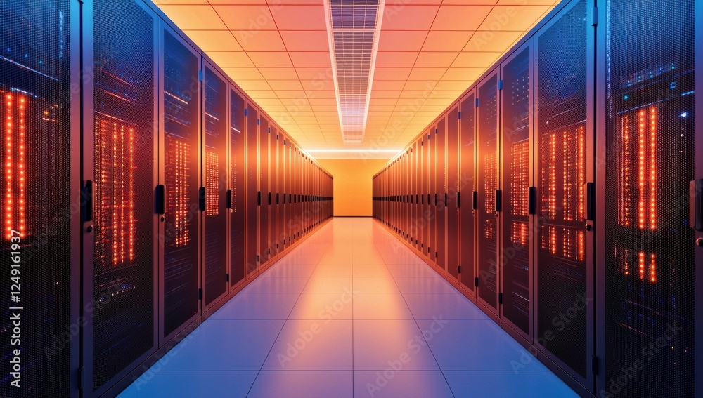 Poster server cabinets illuminating data center with warm light in digital network concept