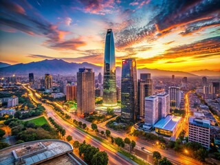 Fototapeta premium Santiago Chile Skyline: Financial District & Costanera Center at Sunset