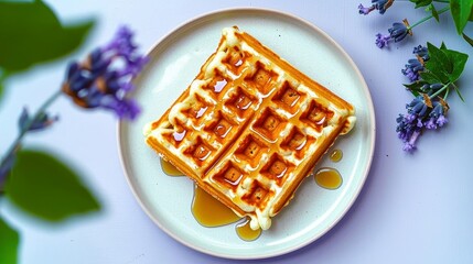 Freshly Made Waffle with Syrup on White Plate Surrounded by Flowers