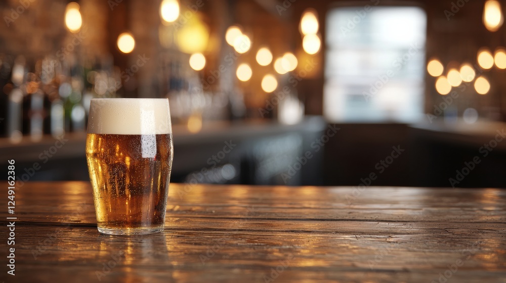 Poster refreshing pint of beer standing on wooden table in pub
