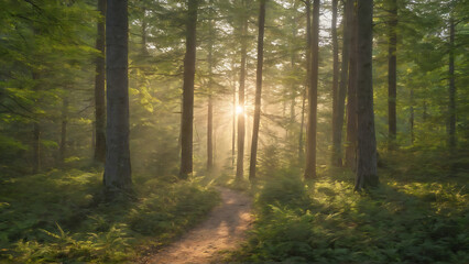 Fototapeta premium Sunlit in a forest before sunset end of summer