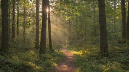 Obraz premium Sunlit in a forest before sunset end of summer