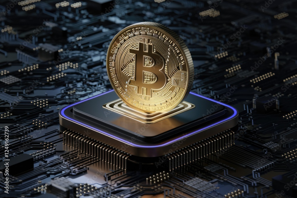 Poster a golden bitcoin rests on a computer chip, symbolizing cryptocurrency's technological foundation.