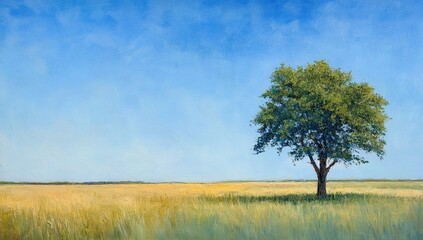 Obraz premium Serene Landscape: Lone Tree in Golden Wheat Field Under a Vast Blue Sky, a Summer's Day Painting
