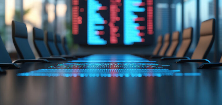 modern high tech boardroom featuring sleek table with digital displays and backdrop of data screens. atmosphere is professional and innovative, ideal for corporate meetings