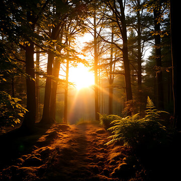 Sunlit in a forest before sunset end of summer
