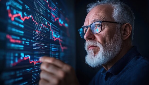 Navigate volatile markets with a seasoned Risk management finance expert monitoring global market risks Analyzing stock exchange data, hologram projections displaying real-time financial trends