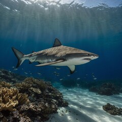 Majestic Tiger Shark in Vibrant Coral Reef Majestatyczny rekin przemierzający słoneczne wody oceanu photo of a shark on the seabed, very lucky to meet one