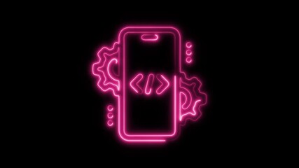 Glowing neon mobile development isolated on black background. HD Video motion graphic animation