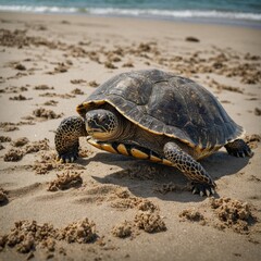 Fototapeta premium A turtle crawling on a sandy beach, white background. A wise tortoise slowly walking, with intricate shell patterns against white. A turtle in its natural environment