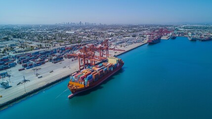 Container ship unloading cargo at busy port los angeles aerial view industrial environment maritime operations shipping logistics