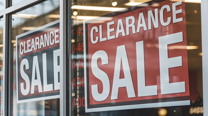 Clearance sale signs displayed prominently in store windows, attracting shoppers with enticing discounts and promotions, reflecting the excitement and urgency of retail bargains.