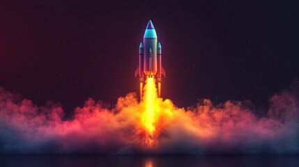 A futuristic rocket launches into space, surrounded by vibrant flames and colorful smoke against a dark background.