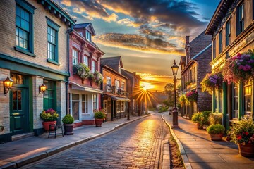 Fototapeta premium Serene Empty Town Street at Dawn, Peaceful Urban Exploration Photography