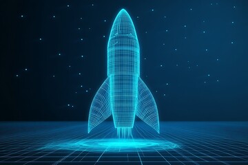 Photo Futuristic Digital Wireframe Rocket with Blue Background