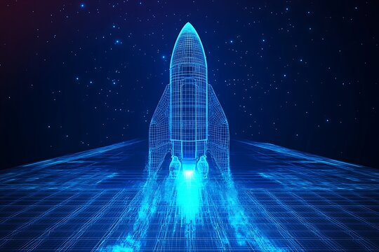 Photo Futuristic Digital Wireframe Rocket with Blue Background