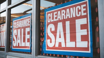 Obraz premium Clearance sale signs displayed prominently in store windows, attracting shoppers with enticing discounts and promotions, reflecting the excitement and urgency of retail bargains.