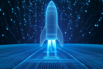 Photo Futuristic Digital Wireframe Rocket with Blue Background