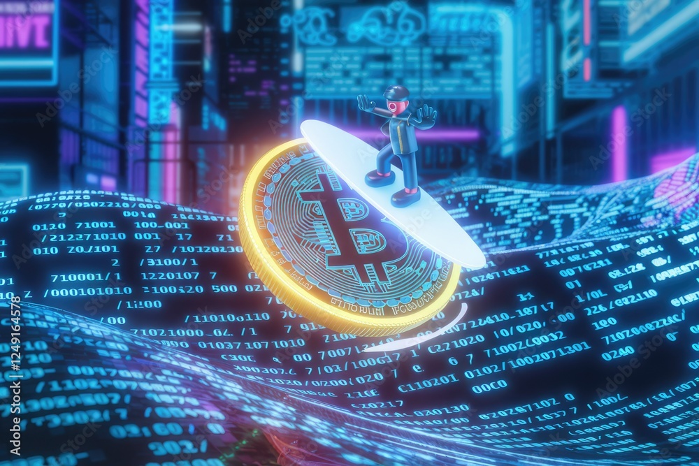 Poster a 3d rendering of a person surfing on a bitcoin, symbolizing cryptocurrency's volatile nature and po