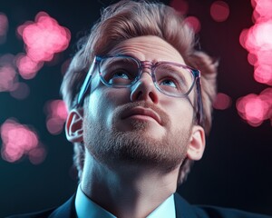 Visionary Business Leader Gazing at Futuristic Cityscape Holographic Analytics for Strategic Planning Economic Growth High-Quality Render of Leadership in the Future Envisioning Success with Advanced