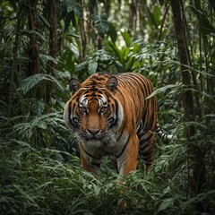 Obraz premium A regal tiger walking through a misty jungle at dawn. A tiger prowls through dense jungle foliage, showcasing its natural habitat and beauty.A tiger walking gracefully through tall grass with a misty 