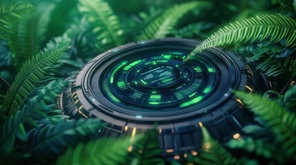 Visualize Future Productivity Digital Dashboard Interface Displayed on Transparent Screen amidst Lush Foliage Imagine a world where work seamlessly integrates with nature, offering real-time