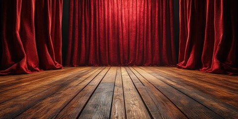 Empty theater stage featuring polished wood floor and vibrant scarlet curtains, creating a dramatic and inviting atmosphere for performances and events