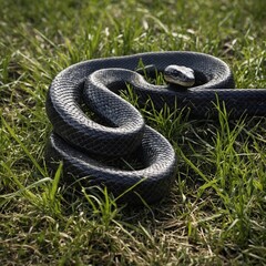 Obraz premium Red-bellied black snake (Pseudechis porphyiacus) coiled in grass in a zoo; Sydney, New South Wales, Australia GRASS SNAKE natrix natrix, ADULT, MELANISTIC FORM