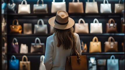 Woman shopping for luxury handbags in boutique
