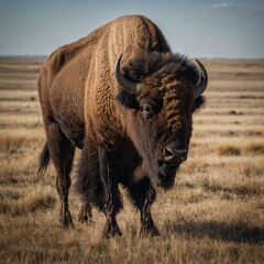 Fototapeta premium american buffalo in the field American bison in the forest royalty free stock photos Bison Grazing on a Vast Prairie Beneath a Wide, Open Sky animals in national park, wildlife, created by