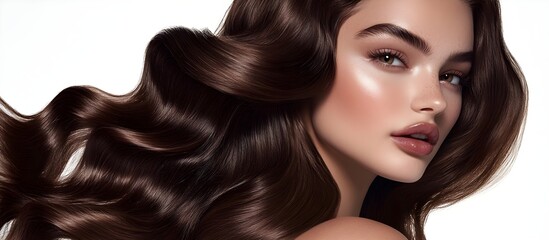 Obraz premium A captivating beauty portrait of a flawless model, an editorial fashion shoot. Insanely detailed photo of a beautiful woman with long hair, hair treatment adverstising. Generative AI