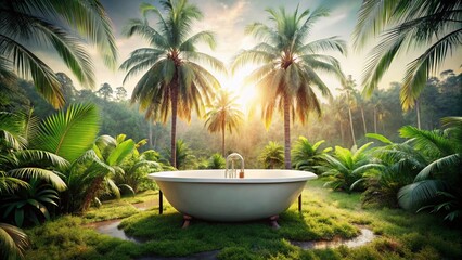 Obraz premium Serene Palm Tree Tub Oasis: Relaxing Bath in Lush Park Setting