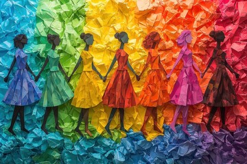 Fototapeta premium Colorful paper silhouettes of women holding hands against a vibrant backdrop